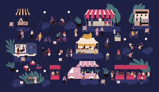 Night market or nighttime outdoor fair. Men and women walking between stalls or kiosks, buying goods, eating street food, talking to each other. Colorful vector illustration in flat cartoon style.