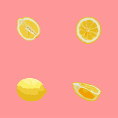Pattern of lemons in pastel colors. Coral background, yellow lemons. Bright,realistic, juicy. Concept - creative summer banner, minimal summer idea, packaging, postcards. Vector illustration.