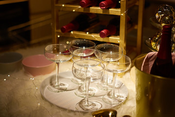 Champagne glasses on table. Celebration concept. Alcohol and cocktail party.