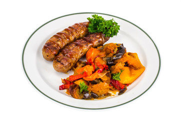 Grilled sausages with baked vegetables