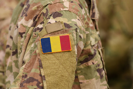 Chad flag on soldiers arm. Republic of Chad troops (collage)