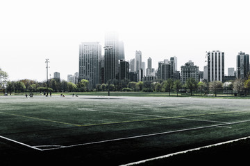 Playing field in Chicago with  moody fog