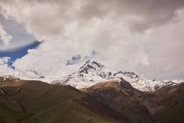 Autumn view of Kazbek mountain in Georgia.