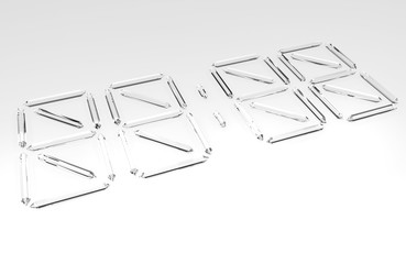 Transparent crystals lined in the form of digital clock figures on white background. 3D render