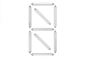 Transparent crystals lined in the form of digital clock figures on white background. 3D render