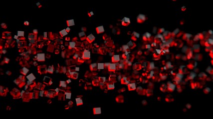 Naklejka na ściany i meble Red glass transparent cubes on black background. 3D render