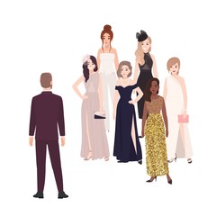 Fototapeta premium Male character standing in front of group of happy beautiful women dressed in elegant evening clothing. Popular man or bachelor choosing girlfriend or wife. Vector illustration in flat cartoon style.