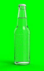 Transparent bottle with bubble transparent liquid and white cap over green chroma key background. 3D render Mockup