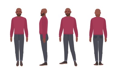 Bald bearded African American man wearing glasses and jumper. Funny male cartoon character isolated on white background. Front, side and back views. Colorful vector illustration in flat style.