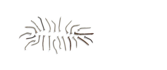 Deformed used metal nails on a white background. close-up photo, copy space