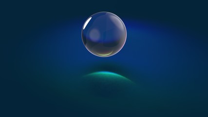 Transparent glass sphere on blue background with light, reflections and refractions. 3D render