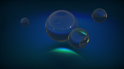 Transparent glass spheres on dark blue background with reflections and refractions. 3D render