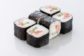 Japanes seafood sushi rolls isolated on white background.