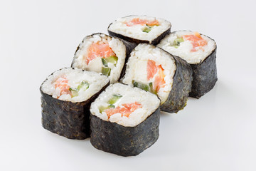 Japanes seafood sushi rolls isolated on white background.
