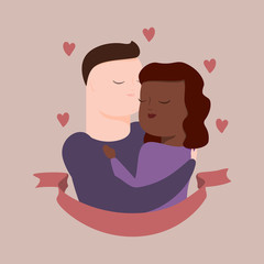 vector illustration of interracial couple in tender hugs