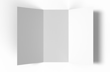 Opened blank paper trifold leaflet mockup on white background with shadows. Photorealistic 3D illustration