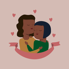 vector illustration of female homosexual couple in tender hugs. african american people