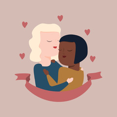 vector illustration of interracial female homosexual couple in tender hugs