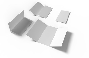 Set of four blank paper trifold leaflet mockups on white background with shadows. Different state. Photorealistic 3D illustration