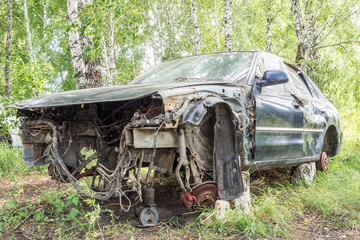 Old car wreck on garbage. Disassembled car on a nature background.