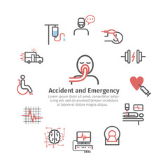 Accident and emergency line icons. Round banner. Clinic signs. Life support. Vector signs for web graphics.