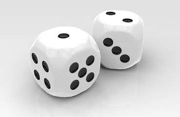 Two White plastic gloss dice with black dots on white gloss surface. 3D rendering