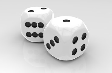 Two White plastic gloss dice with black dots on white gloss surface. 3D rendering