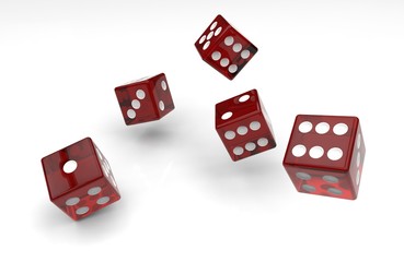 Five Red transparent plastic gloss dice with white dots on white background. 3D rendering