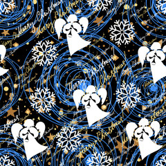 Winter abstract seamless pattern with angels and snowflakes.