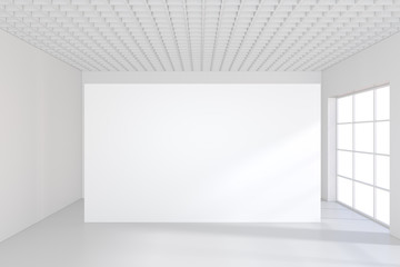 Fototapeta premium Empty white billboard in a big bright room. 3D rendering.