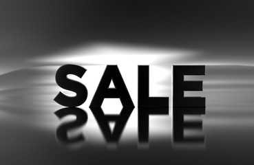 Black Sale sign on gray shine background with ground reflection. 3D rendering