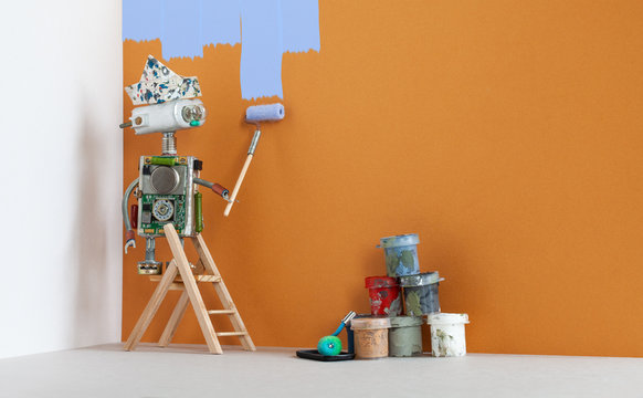 Painter decorator robot at work. Wooden ladder, paint buckets on brown wall background. copy space