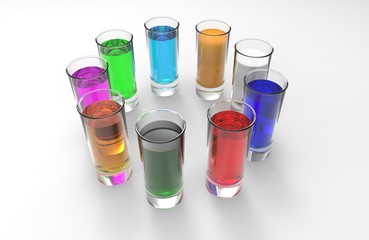 Nine glass shots with colorful liquids arranged in a circle. White background. 3D rendering