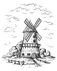 village near a wheat field and a windmill drawn by hand vector illustration