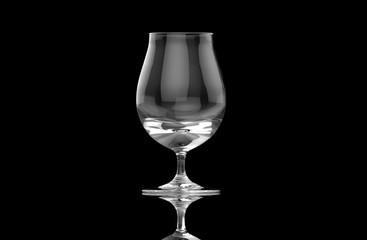 Empty clear transparent isolated beer glass on black background with ground reflections. 3D rendering