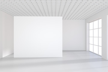 Blank exposition modern gallery,open space.Blank white empty canvas. 3d Rendering.