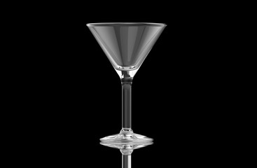 Empty clear transparent isolated cocktail martini glass on black background with ground reflections. 3D rendering