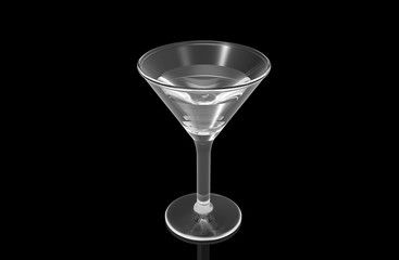 Clear transparent cocktail martini glass with transparent liquid on black background with ground reflections. 3D rendering