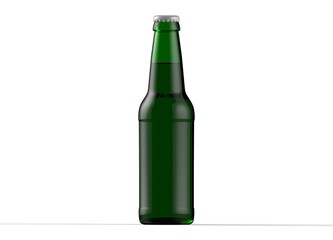 Green glass isolated full beer bottle with white cap on white background. 3D rendering