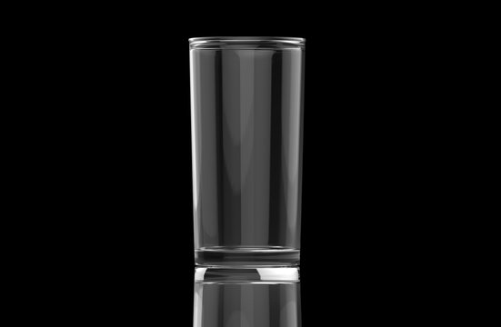 Isolated transparent empty beer glass on black background with ground reflections. 3D rendering