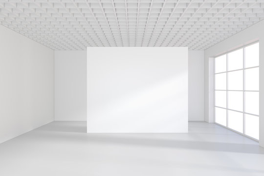 White office interior with empty billboard on wall. Mock up, 3D Rendering.