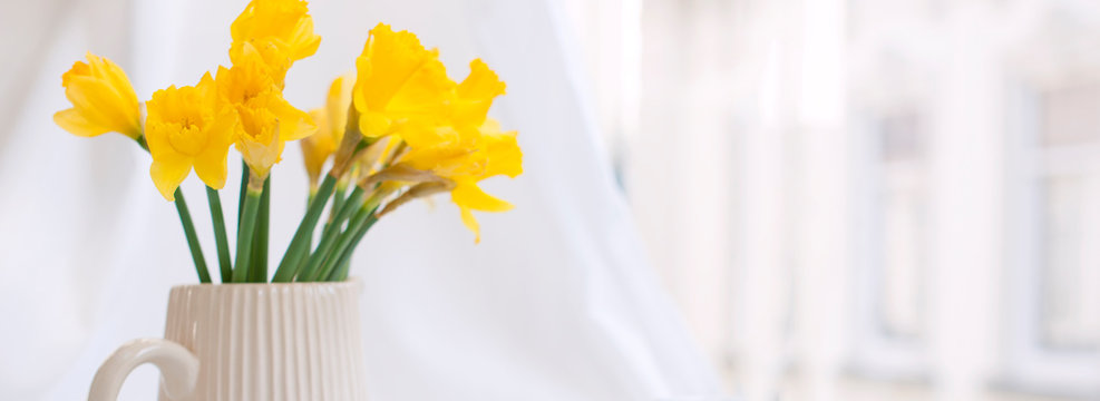 Bouquet Of Spring Flowers In A Vase. Yellow Daffodils. Banner, Long Format. Copy Space.