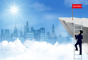 Obraz premium Jeden biznesmen wszedł po schodach, aby przejść do czerwonej flagi na klifie. przejdź do celu i sukcesu finansowego biznesu. wyzwanie i pokonaj problem. przywództwo. kreatywny pomysł. ilustracja kreskówka wektor