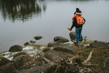 Couple near cold lake