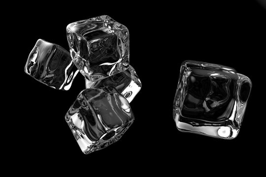 Five transparent ice cubes isolated on black background. 3D rendering