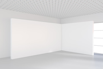 Empty white billboard in a big bright room. 3D rendering.
