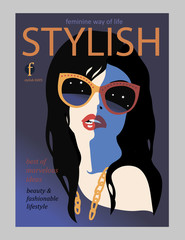 Stylish beautiful model for fashion design. Art deco graphic illustration. Portrait of pretty girl on sea coast.