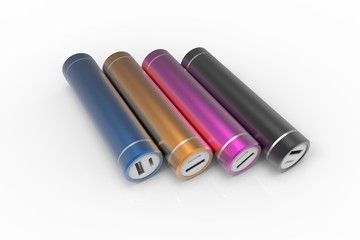 Four colorful cylindric power banks isolated on white background. Blue, Gold, Pink and Black. 3D rendering