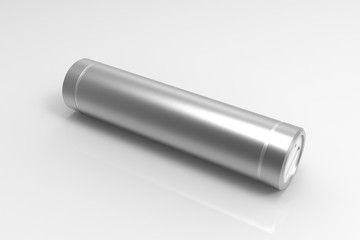 Silver isolated cylinder power bank on white background. Mock up, 3D rendering