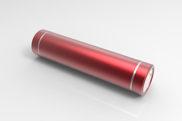 Red isolated cylinder power bank on white background. Mock up, 3D rendering